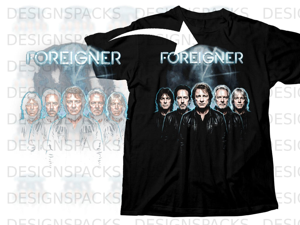Black t-shirt with "FOREIGNER" and band members printed on the front.