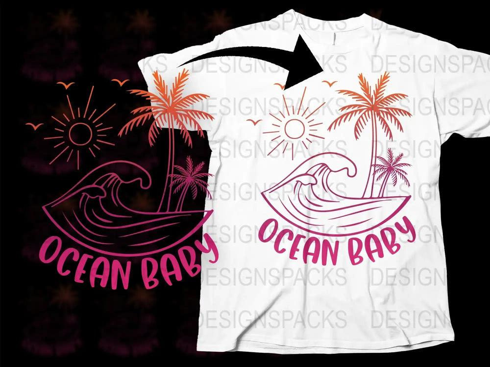Ocean Baby T-Shirt, Tropical Beach Theme, Surf Wave Graphic, Unisex White Tee, Summer Vacation Apparel, Trendy Island Design