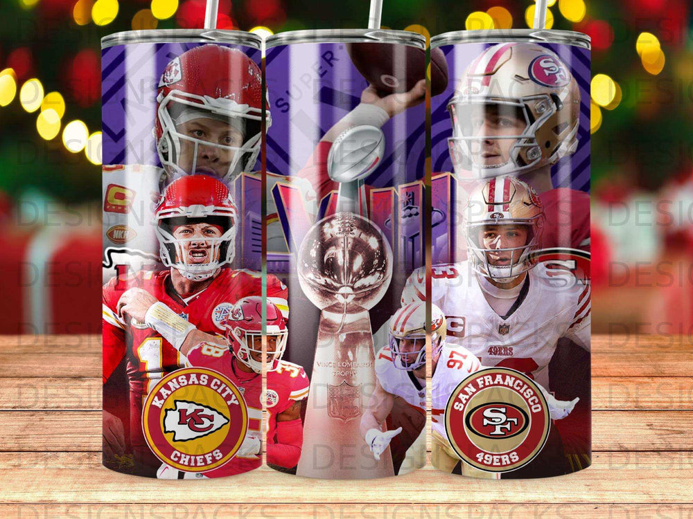 Kansas City Chiefs and San Francisco 49ers Super Bowl LIV trophy tumbler.