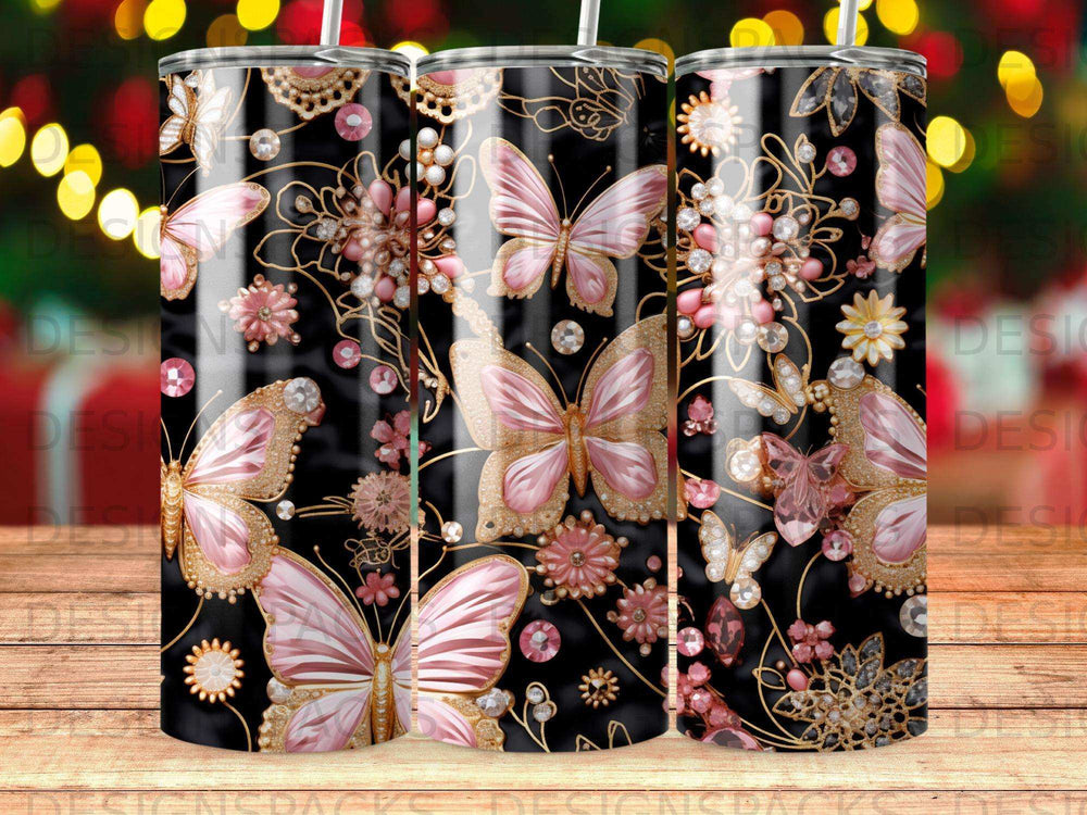 Pink butterflies and floral designs adorn this black tumbler.