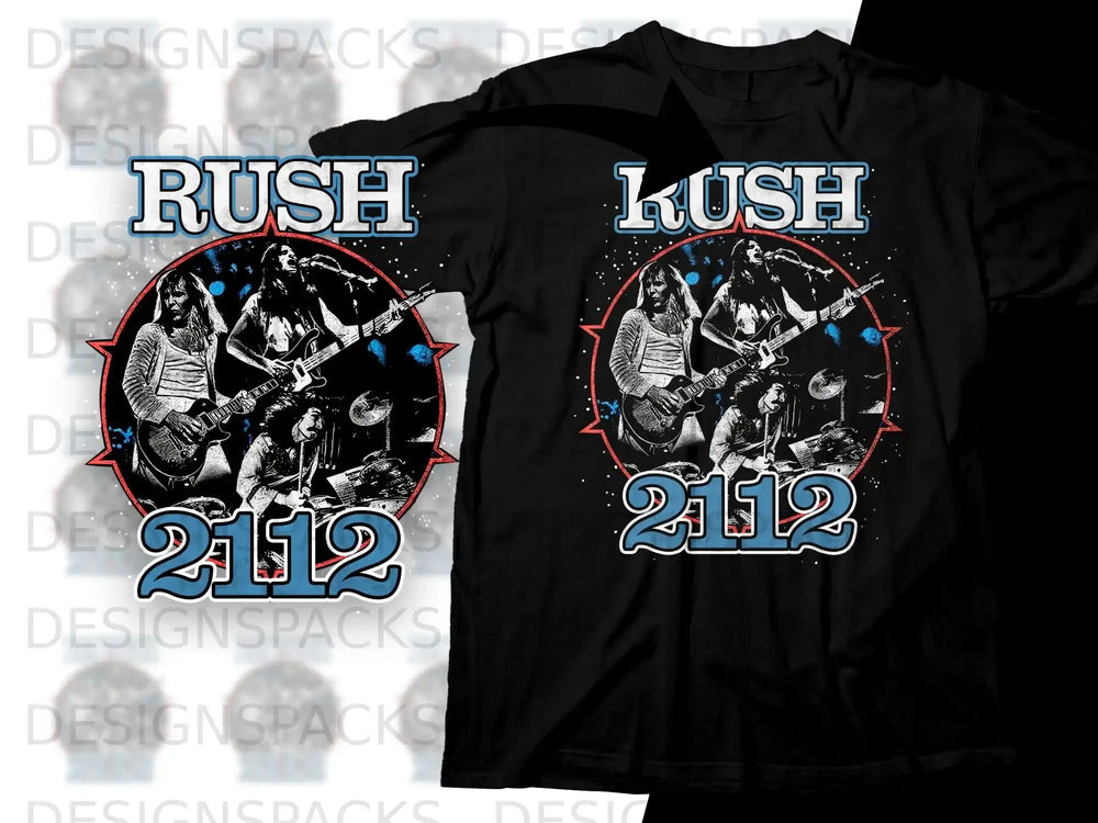 Rush 2112 graphic t-shirt design with band members playing instruments.