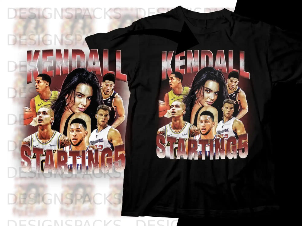 Kendall Jenner and NBA players on a "Starting 5" t-shirt.
