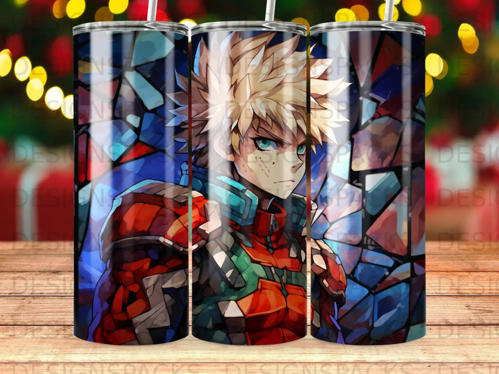Anime character with spiky blonde hair and green eyes, wearing a red and blue suit.