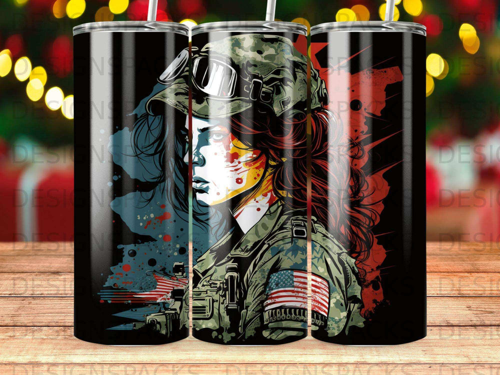 Military woman with flag emblem on uniform and goggles.