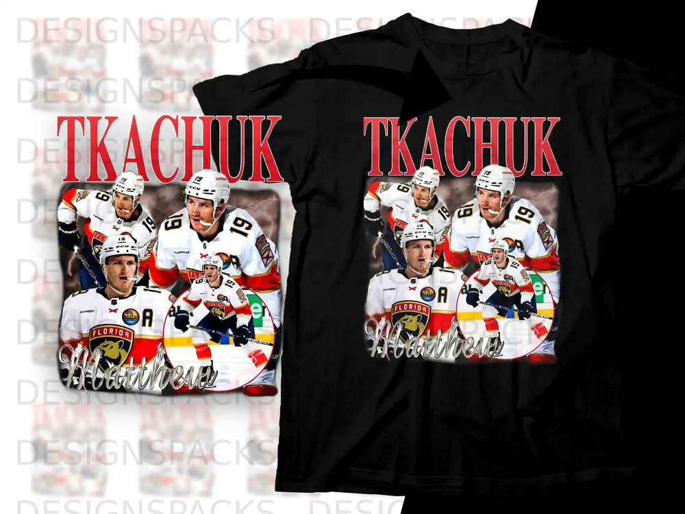Black t-shirt with Matthew Tkachuk and hockey players graphic, "Tkachuk" text.