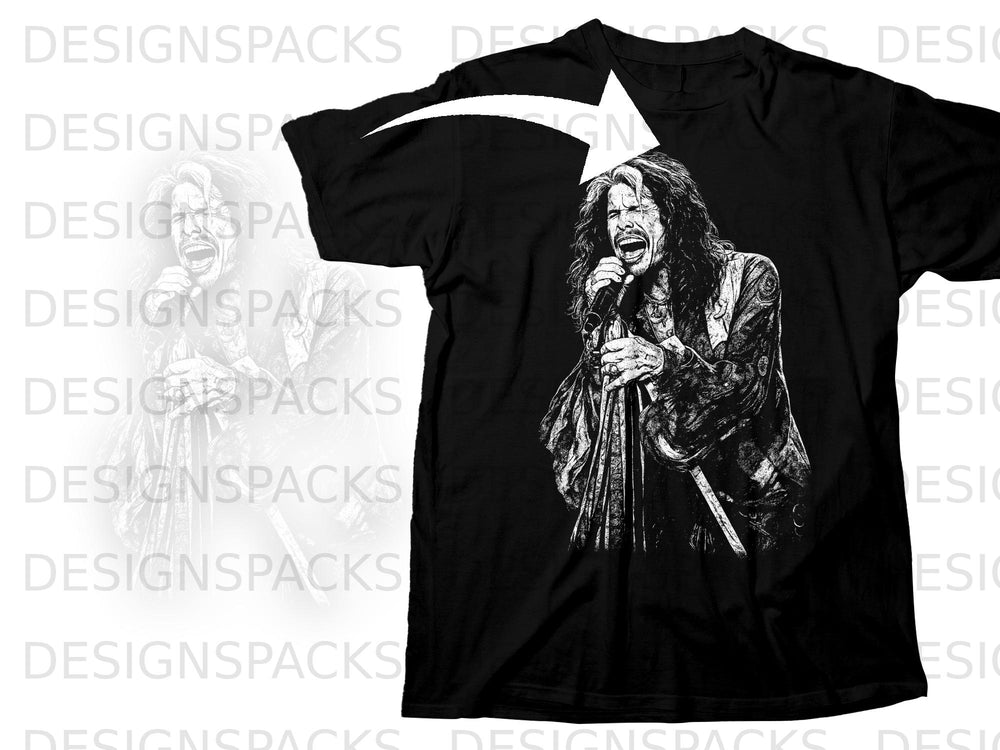 Black t-shirt with a white graphic of Steven Tyler singing into a microphone.