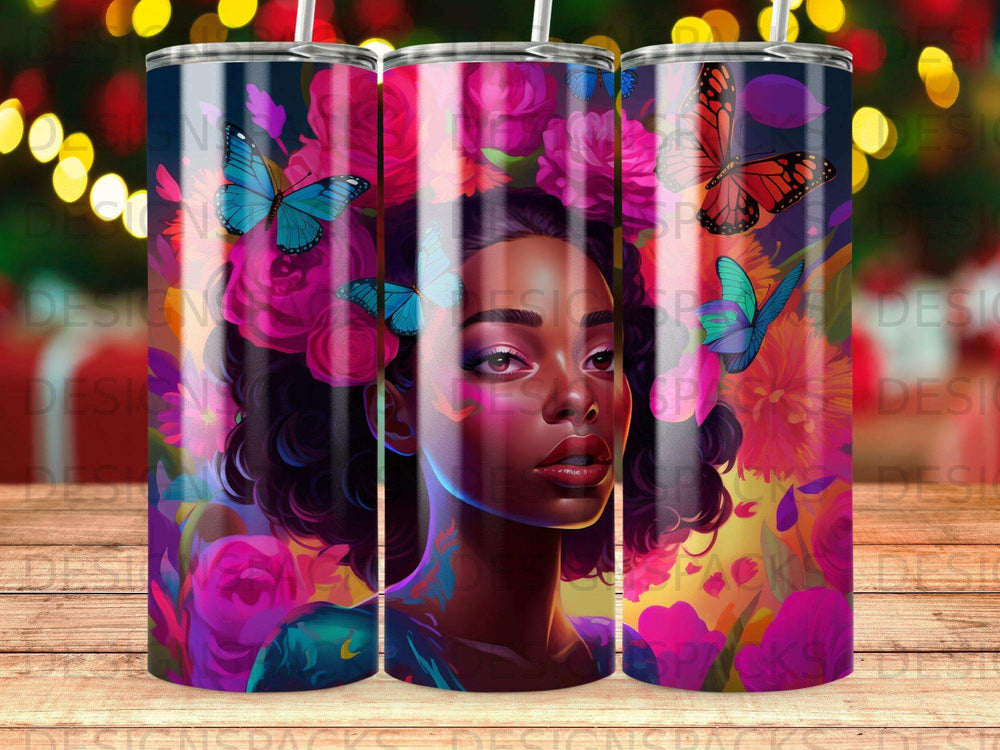 Woman's face surrounded by vibrant flowers and butterflies, digital art design.