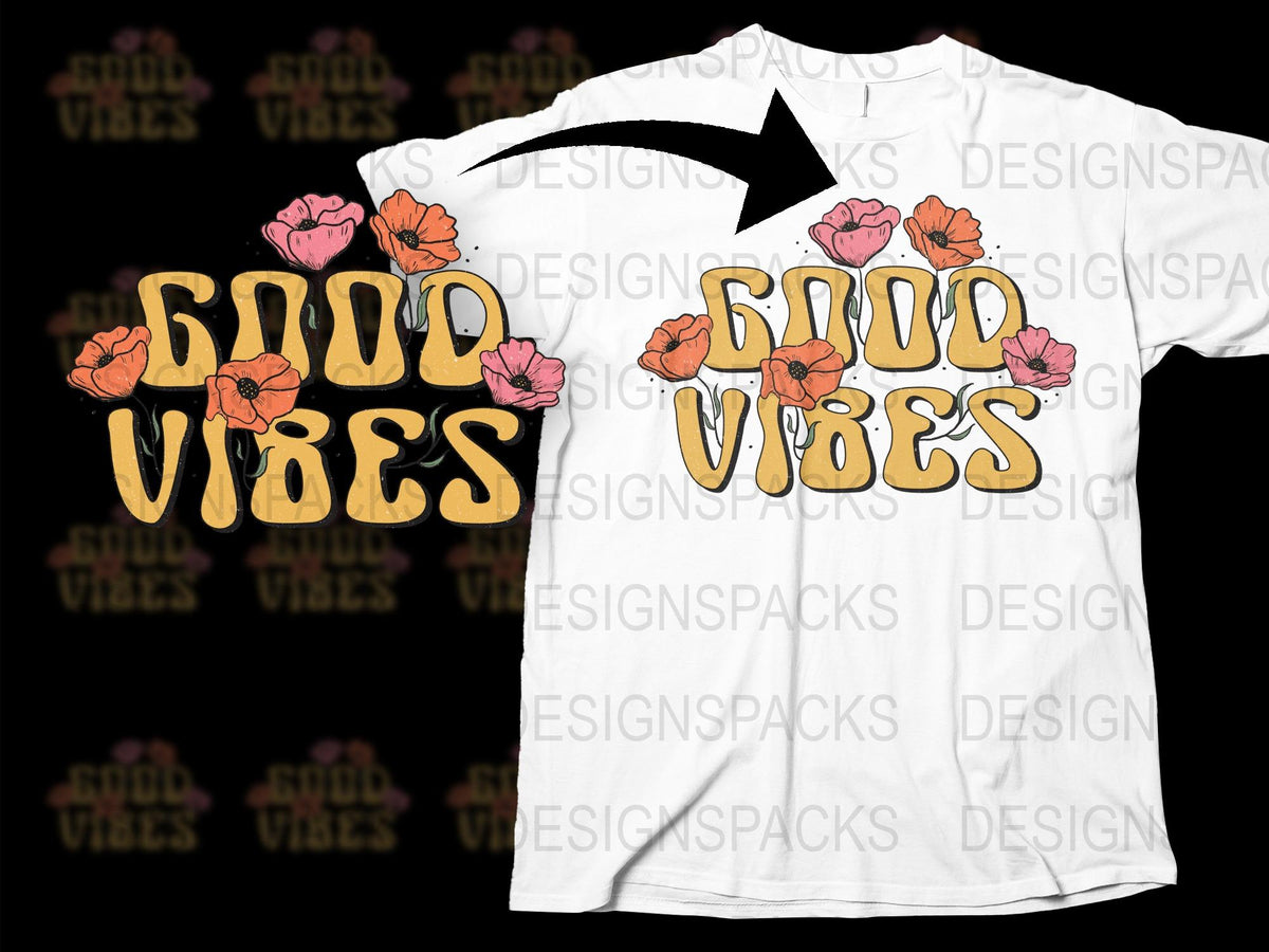 Good Vibes Floral T-Shirt, Orange Flowers Graphic Tee, Positive Quote Summer Fashion Shirt
