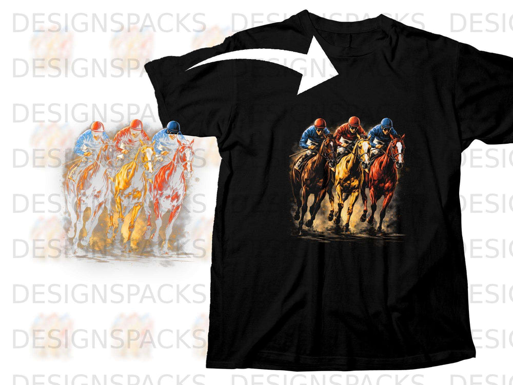Black t-shirt with a graphic of four jockeys racing horses.