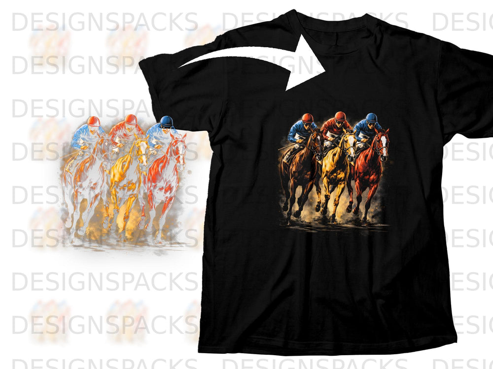 Black t-shirt with a graphic of four jockeys racing horses.