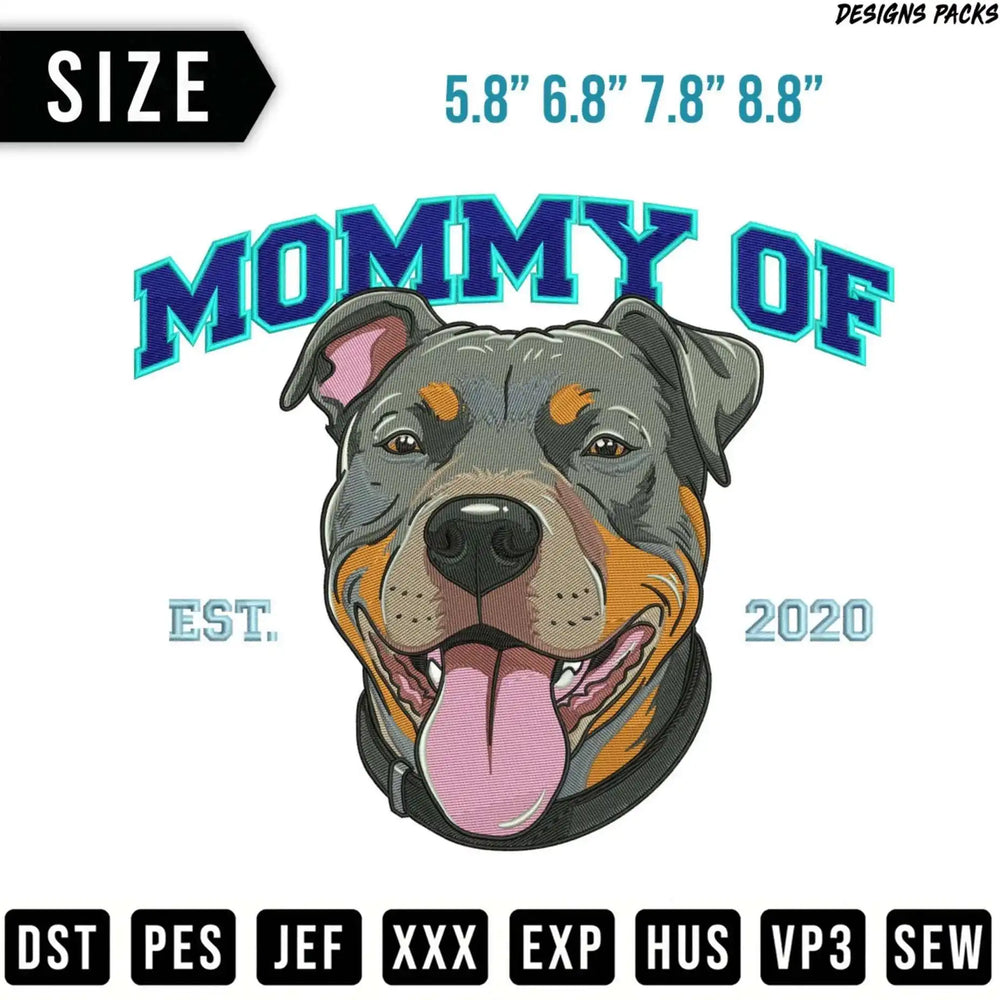 Embroidery design of a pit bull dog, "Mommy of," with size and file format options.