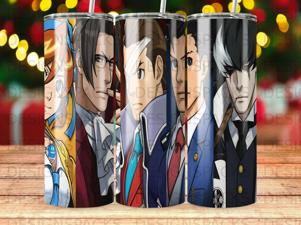 Characters from the Ace Attorney video game series on a tumbler.