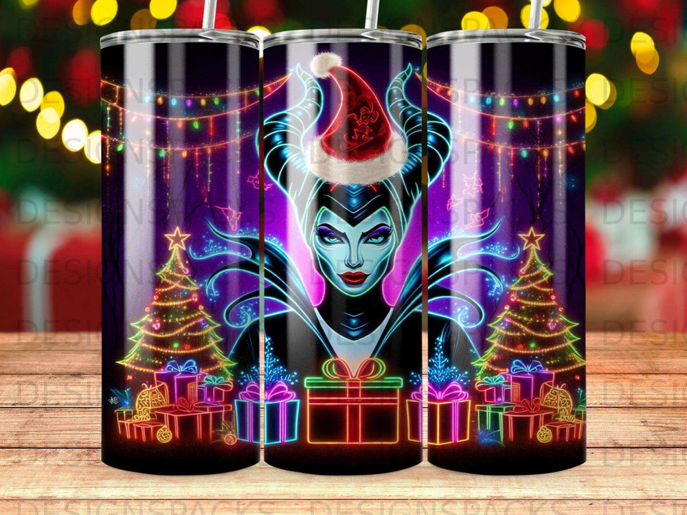 Maleficent in Santa hat with Christmas trees and presents, neon lights.