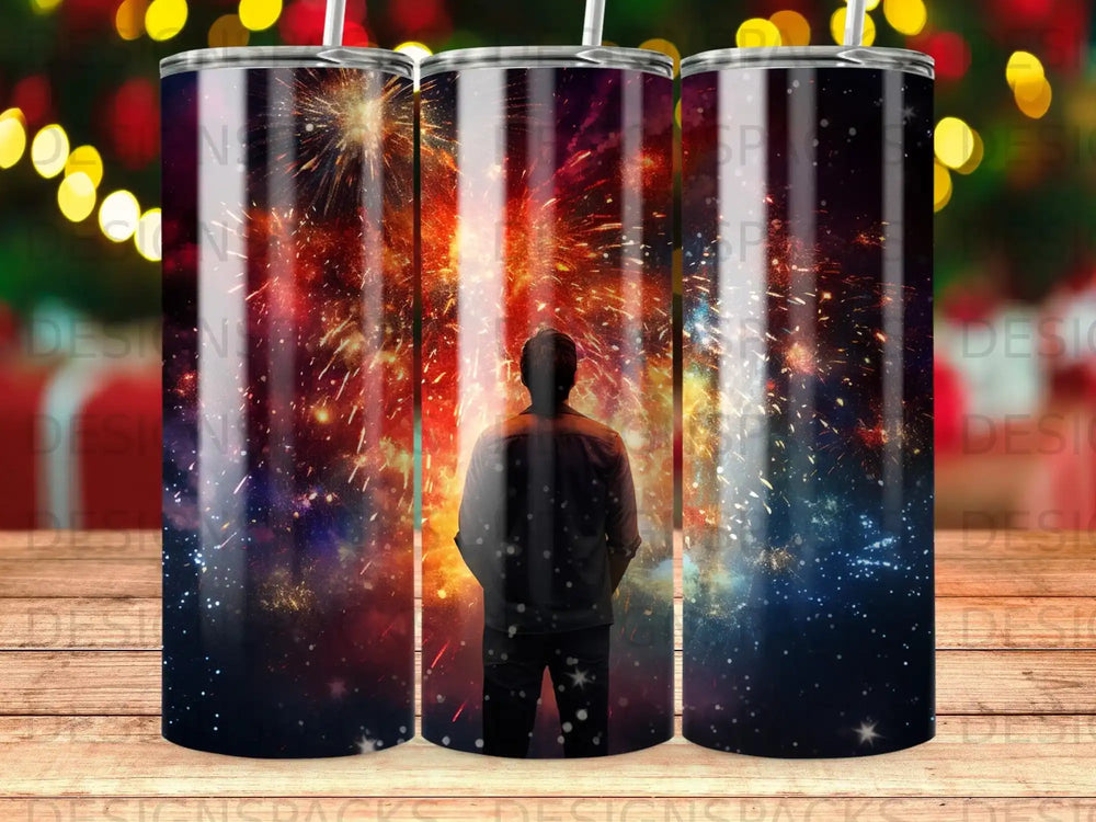 Man silhouetted against a vibrant firework display.