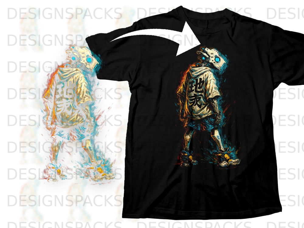 Black t-shirt with futuristic skeleton graphic featuring Japanese text.