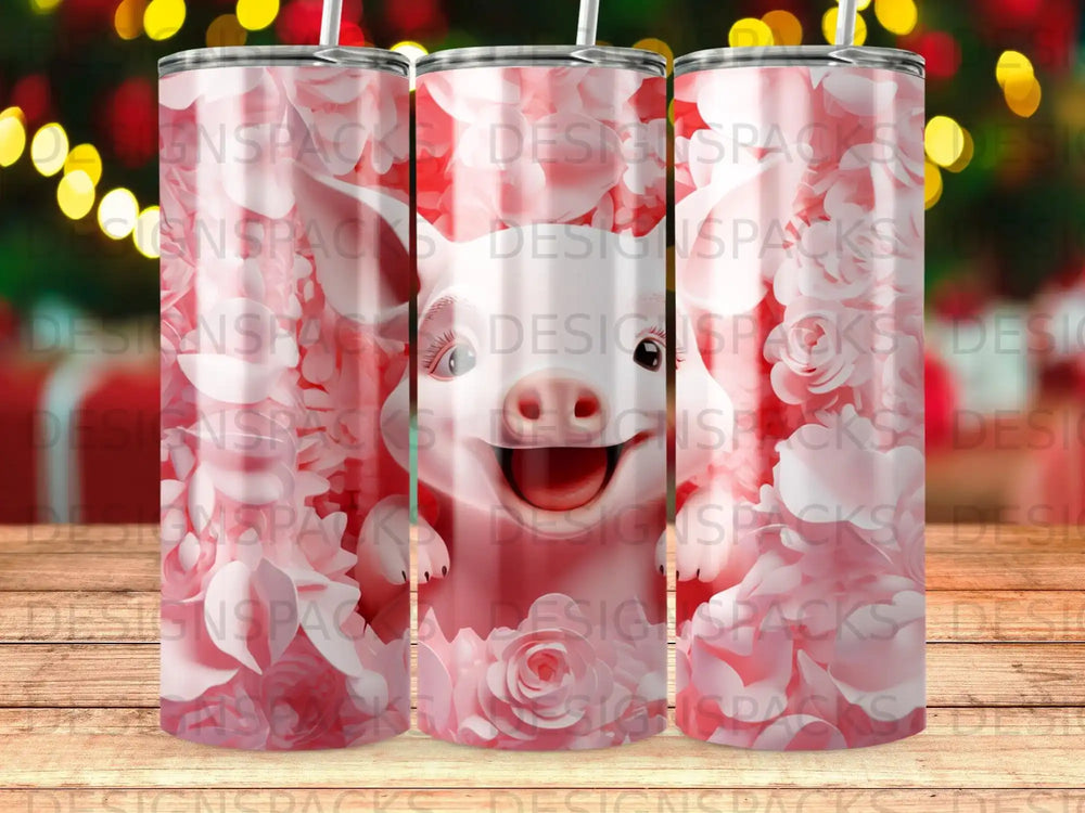 Pink pig with rosy cheeks on a floral tumbler.