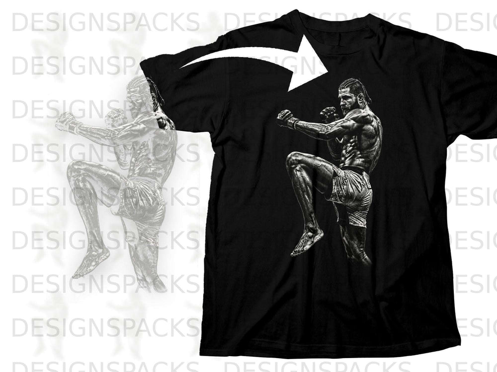 Black t-shirt with a sketch of a muscular fighter in a fighting stance.