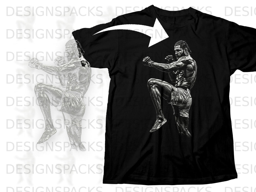 Black t-shirt with a sketch of a muscular fighter in a fighting stance.