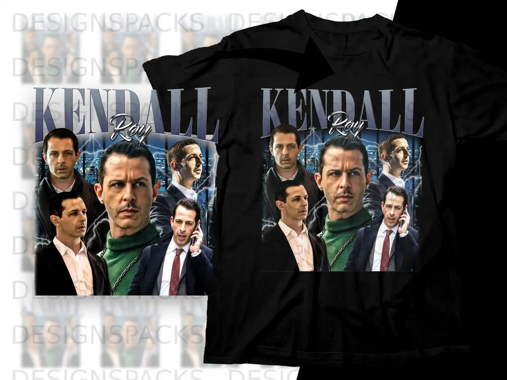 Collage of actor Jeremy Strong as Kendall Roy from Succession on black t-shirt.