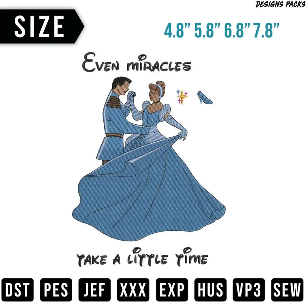Cinderella and Prince Charming dancing with embroidery file sizes and formats.