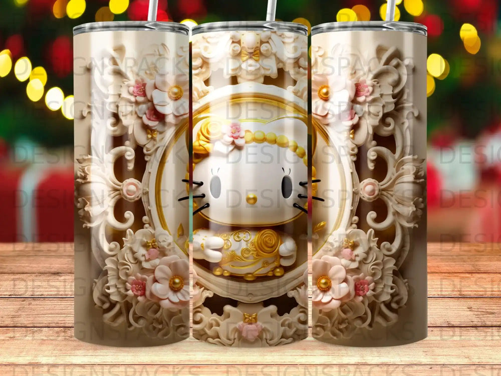 Hello Kitty adorned with floral accents on a decorative pattern.