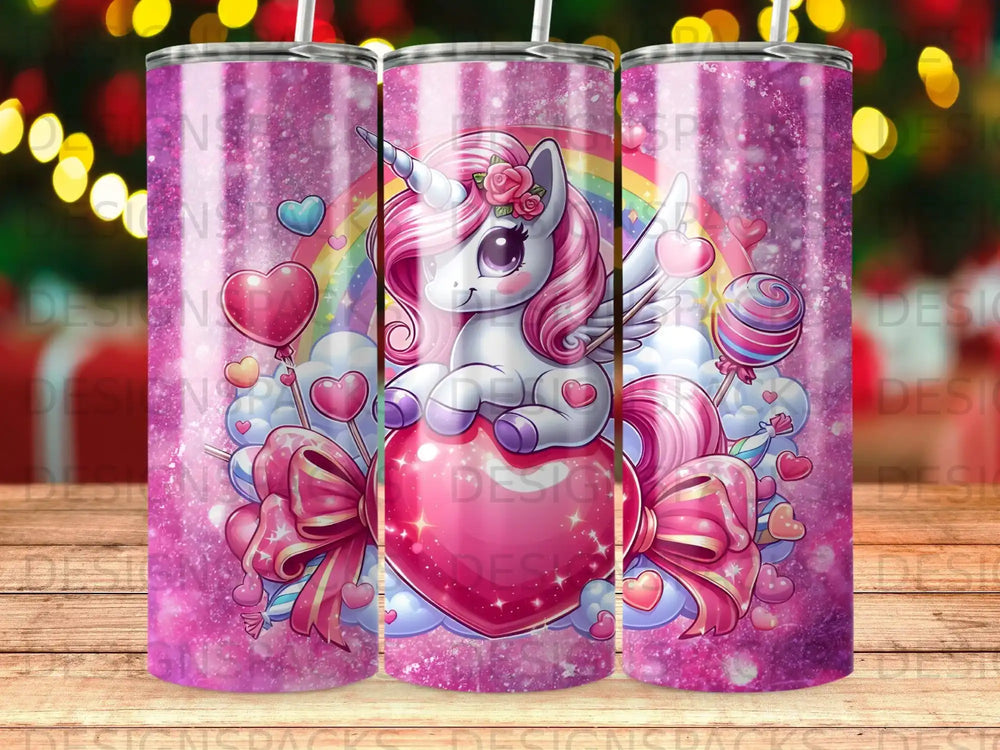 Whimsical Unicorn Rainbow Hearts Pink Glitter Tumbler product type