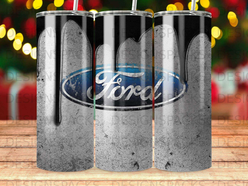 Ford logo on a gray, dripping paint design tumbler.