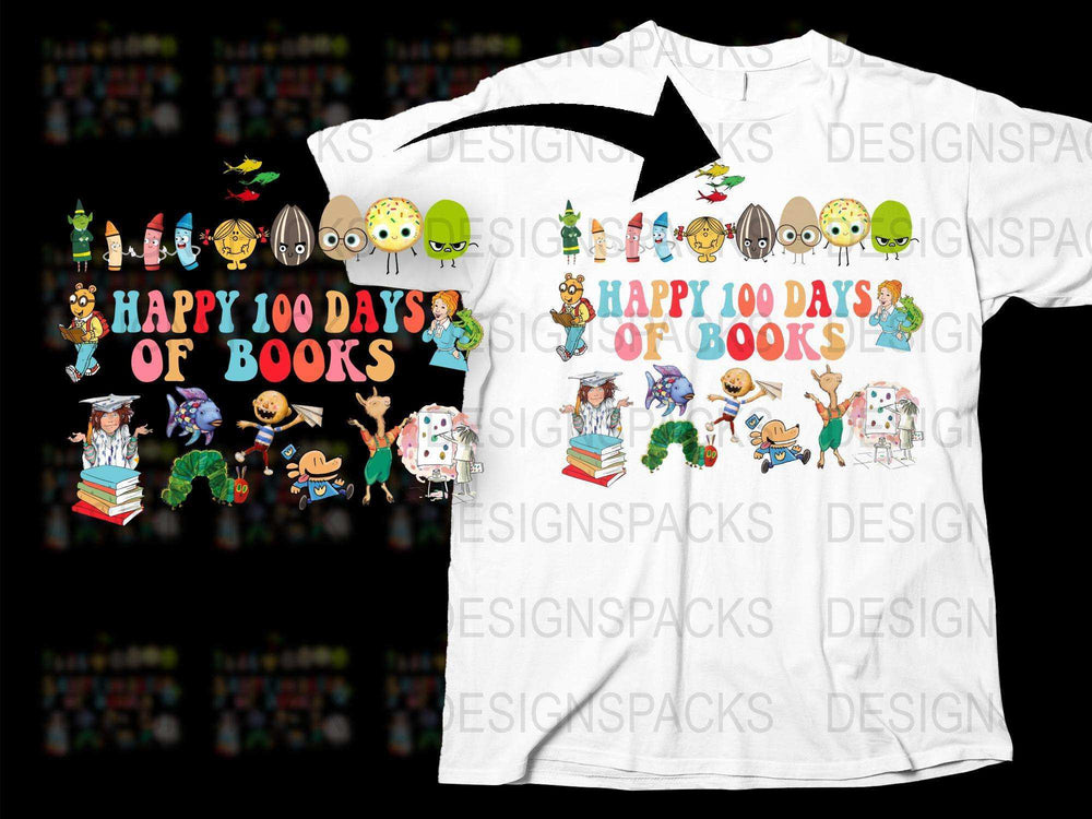 Happy 100 Days of Books T-Shirt, Cute Kids Reading Tee, Colorful Cartoon Characters, Unisex Kids' Clothing