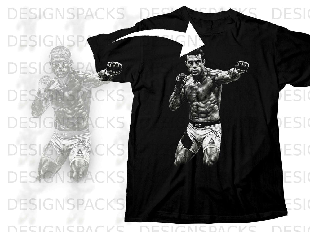 Black t-shirt with a graphic of a muscular fighter in UFC shorts.