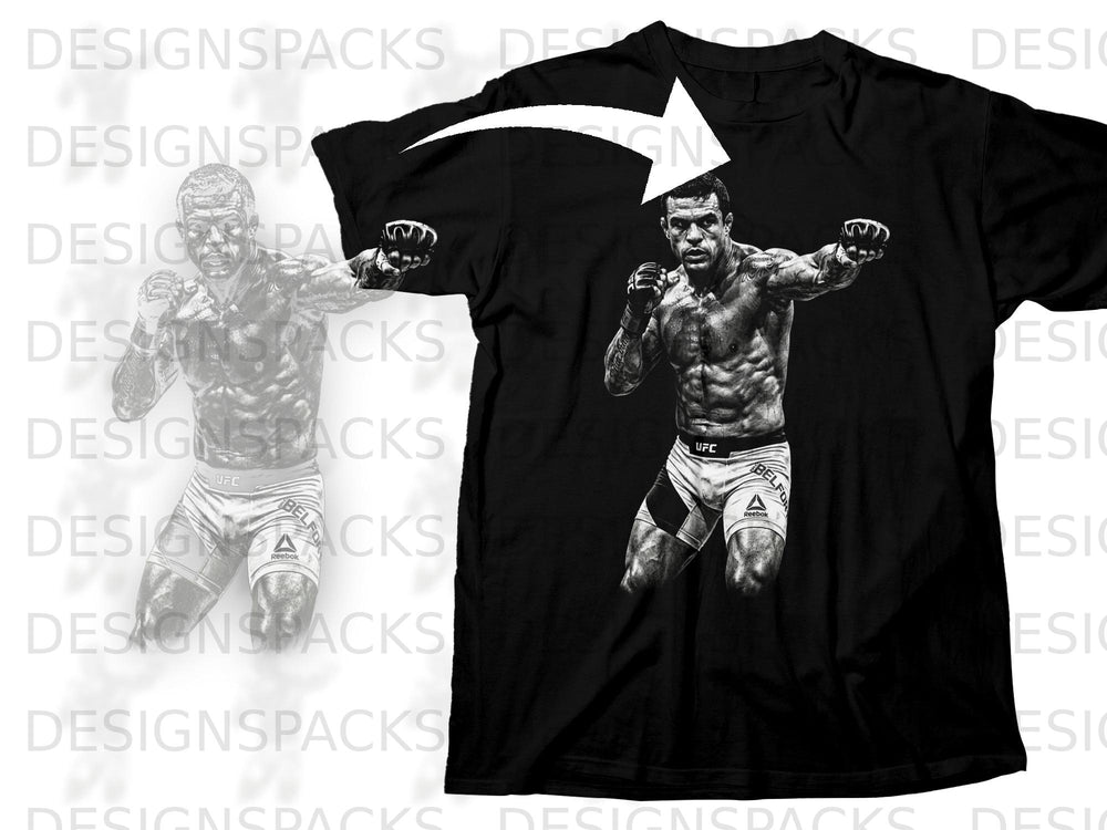 Black t-shirt with a graphic of a muscular fighter in UFC shorts.