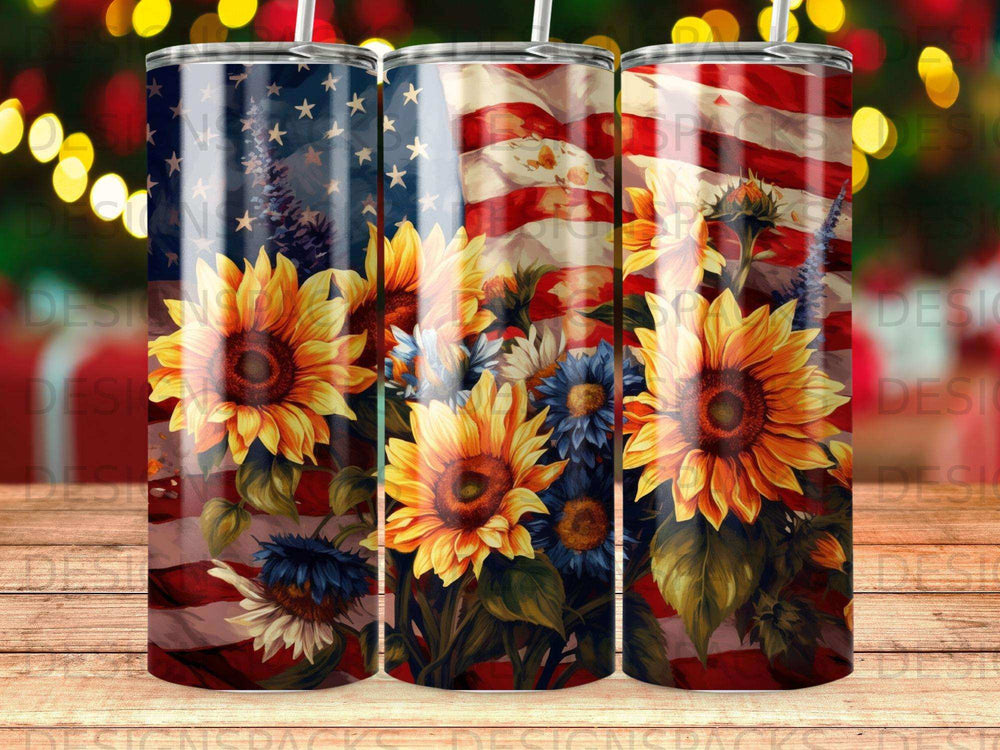 Sunflowers and daisies against a distressed American flag.