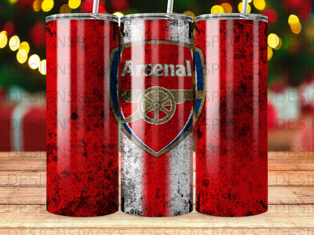 Arsenal FC logo on a red grunge textured tumbler.