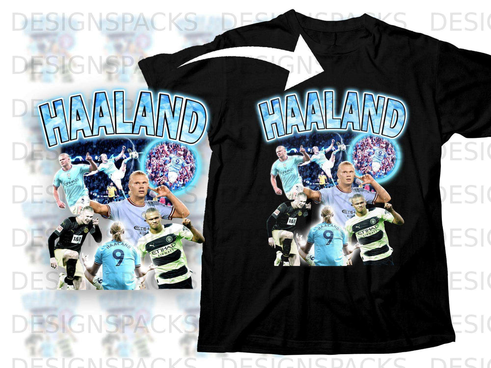 Manchester City's Erling Haaland on a black t-shirt with a blue, water-effect text graphic.