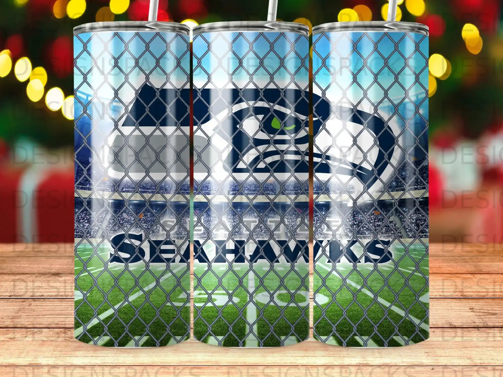 Seattle Seahawks stadium graphic on a tumbler.