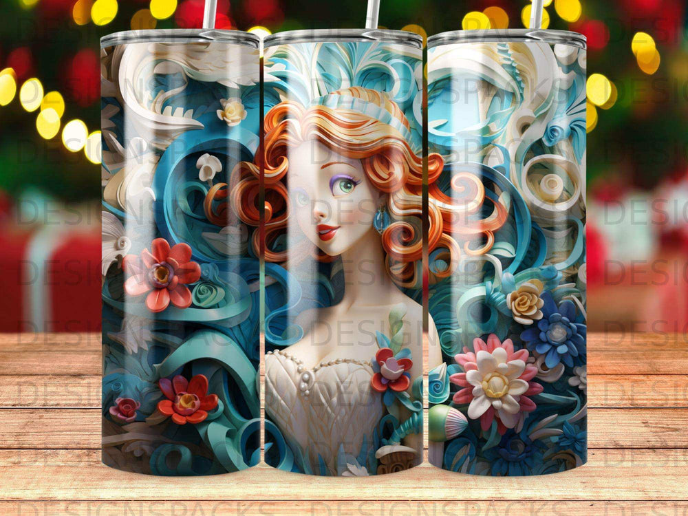 Woman with red hair and ornate blue and floral dress, detailed.