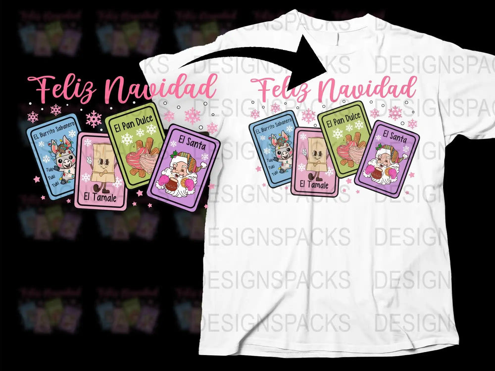 Feliz Navidad T-Shirt, Colorful Santa and Food Characters, Festive Holiday Apparel, Unique Christmas Gift Idea