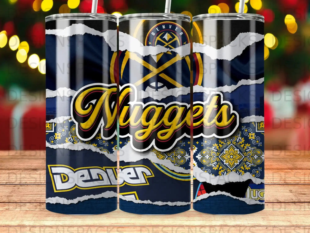 Denver Nuggets tumbler with torn paper and gold detail.
