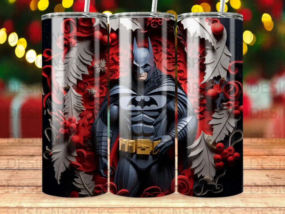 Batman in a grey and black suit with red floral accents.