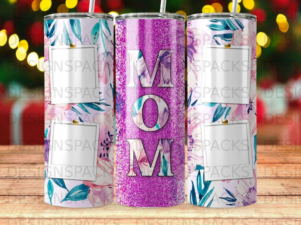 Glittering "MOM" tumbler with colorful abstract floral patterns.