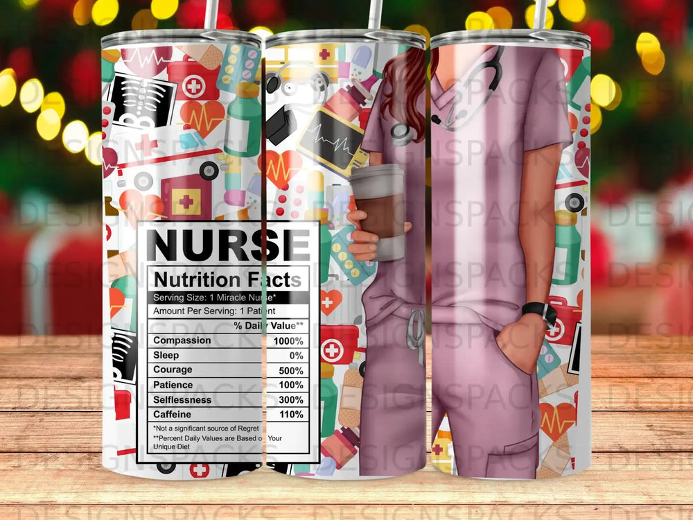 Nurse nutrition facts tumbler with medical icons and text.