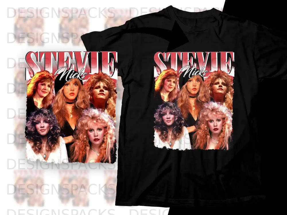Stevie Nicks collage on a black t-shirt.