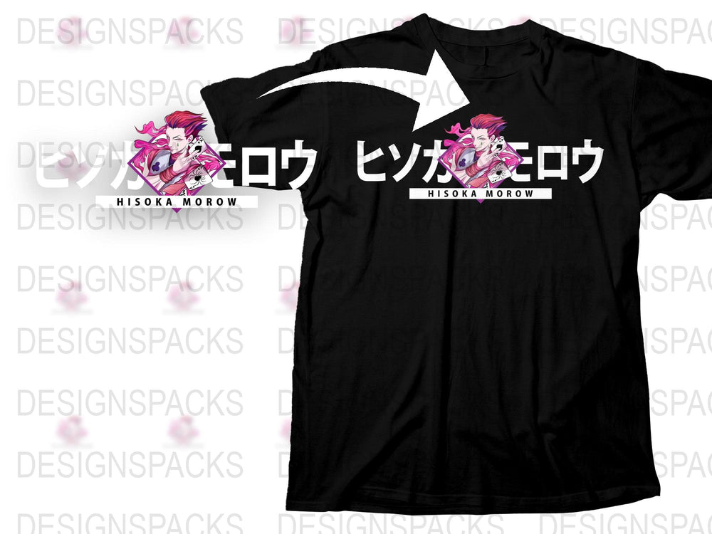 Anime Inspired Hisoka Morow T-Shirt, Japanese Text Graphic Tee, Unisex Manga Shirt, Black Cotton Shirt with Pink Design.