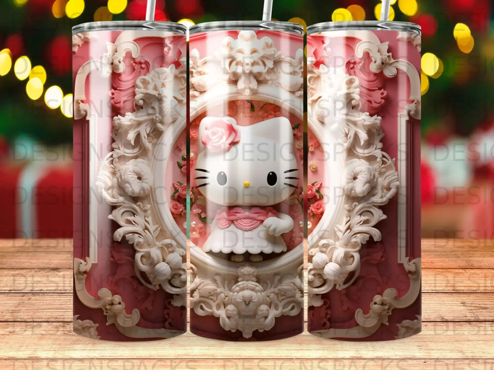 Hello Kitty in ornate pink and white frame on a tumbler design.