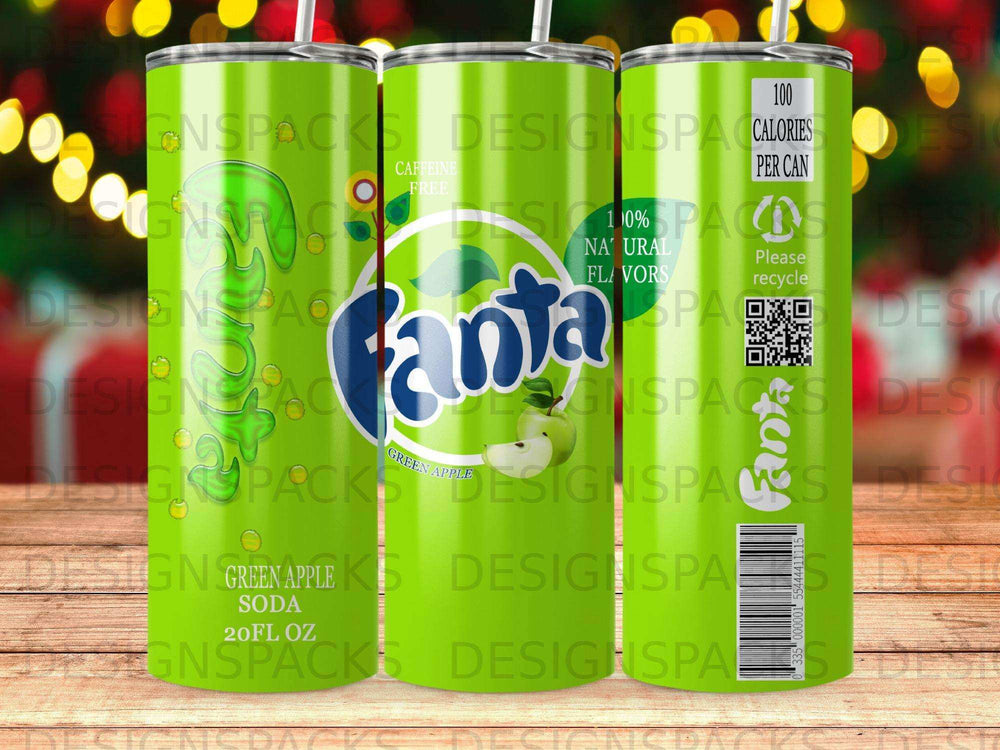 Fanta Green Apple soda can with nutritional information and QR code.