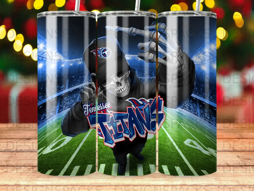 Tennessee Titans skull with skeletal hands and stadium background.