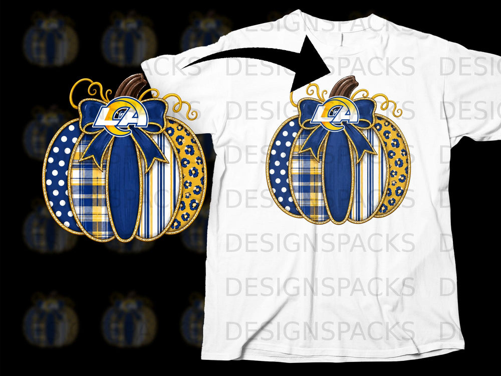 Los Angeles Rams themed pumpkin graphic on a white t-shirt.