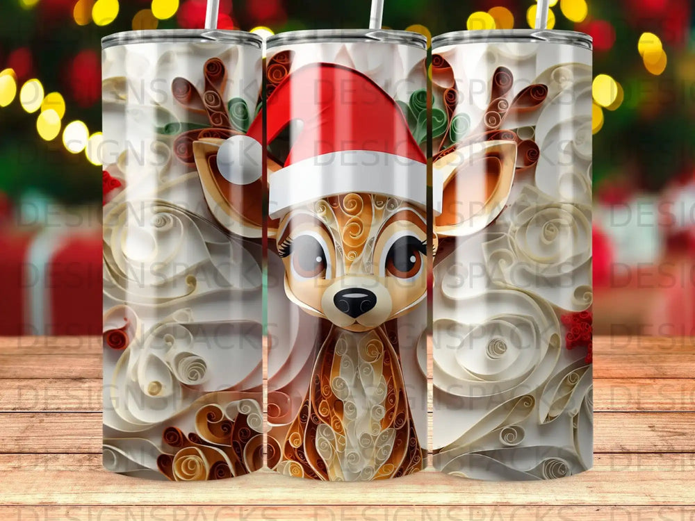 Christmas reindeer with Santa hat on a festive, abstract background.