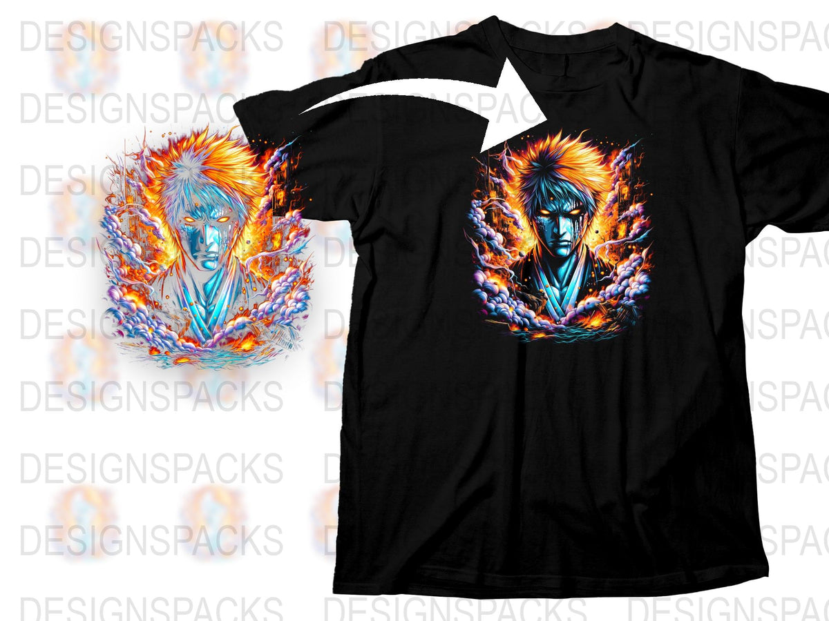 Men's Graphic T-Shirt with Abstract Blue and Orange Fire Design, Cool Streetwear Cotton Tee