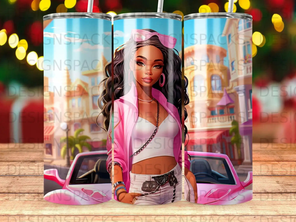 Young woman in pink jacket and sunglasses in front of a pink car.