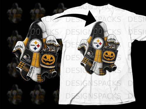 Pittsburgh Steelers ghost graphic with pumpkin bucket on a white t-shirt.